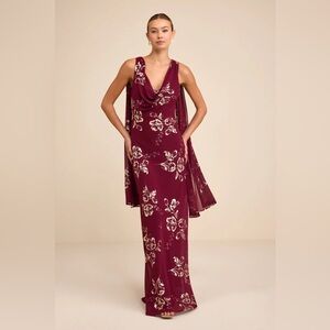 LULUS SIDONIA BURGUNDY & GOLD FLORAL COWL SASH MAXI DRESS